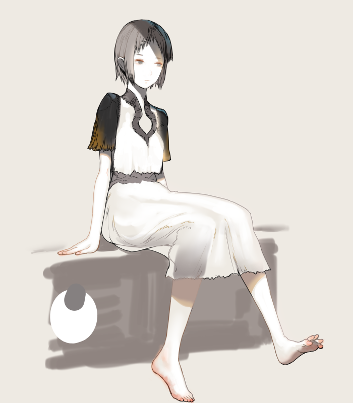 1girl, barefoot, closed_mouth, dress, ico, pale_skin, pointy_ears, short_hair