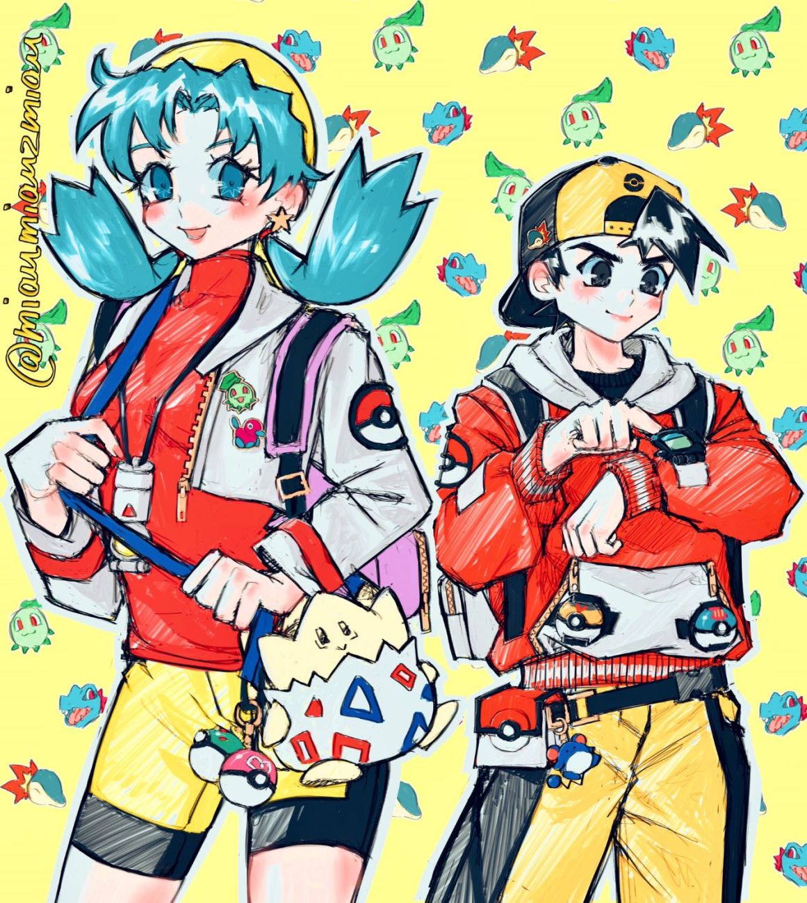 1boy, 1girl, :d, backwards_hat, baseball_cap, blue_eyes, blue_hair, breasts