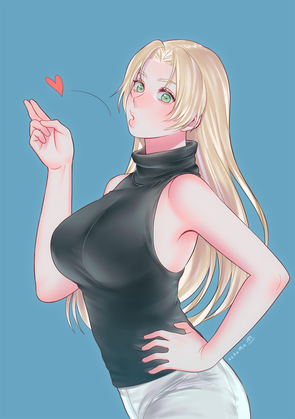 1girl, artist_name, bangs, black_shirt, blonde_hair, blown_kiss, blue_background, breasts, commentary, cowboy_shot, eyelashes, green_eyes, hand_on_hip, heart, highres, jujutsu_kaisen, large_breasts, lips, long_hair, looking_at_viewer, motion_lines, octoma, pants, parted_bangs, puckered_lips, shirt, signature, simple_background, sleeveless, sleeveless_shirt, solo, straight_hair, tsukumo_yuki_(jujutsu_kaisen), turtleneck, white_pants