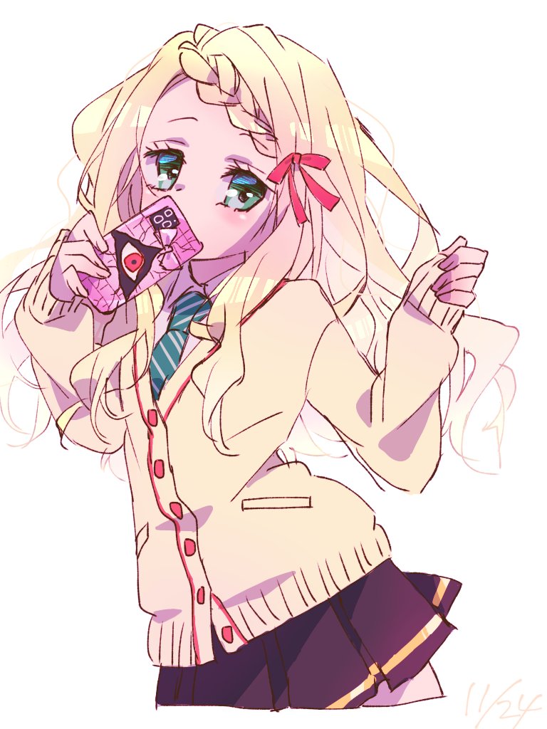 1girl, artist_request, asymmetrical_hair, ayakashi_triangle, blonde_hair, blush, braid, cardigan