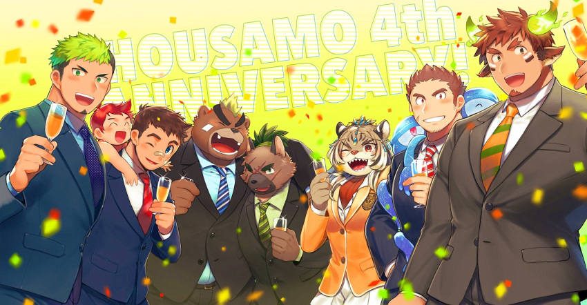 1girl, 6+boys, animal_ears, anniversary, ashigara_(tokyo_houkago_summoners), bandaid, bandaid_on_cheek, bandaid_on_nose, bear_boy, bear_ears, black_hair, black_suit, blue_suit, blush, brown_eyes, brown_fur, brown_hair, brown_suit, carrying, cow_boy, cow_ears, cow_horns, cup, dark_skin, dark_skinned_male, drinking_glass, durga_(tokyo_houkago_summoners), english_text, facial_hair, fiery_horns, forked_eyebrows, formal, fox_boy, fox_ears, furry, glowing_horns, goatee, green_eyes, green_hair, gunzo_(tokyo_houkago_summoners), horns, hozunomi, kyuma_(tokyo_houkago_summoners), mature_male, multicolored_hair, multiple_boys, muscular, muscular_male, necktie, official_alternate_costume, pectorals, piggyback, plump, print_neckwear, short_hair, sideburns, smile, spiky_hair, suit, taurus_mask, thick_eyebrows, tiger_ears, tiger_girl, tokyo_houkago_summoners, two-tone_hair, wakan_tanka, wine_glass, yasuyori_(tokyo_houkago_summoners)