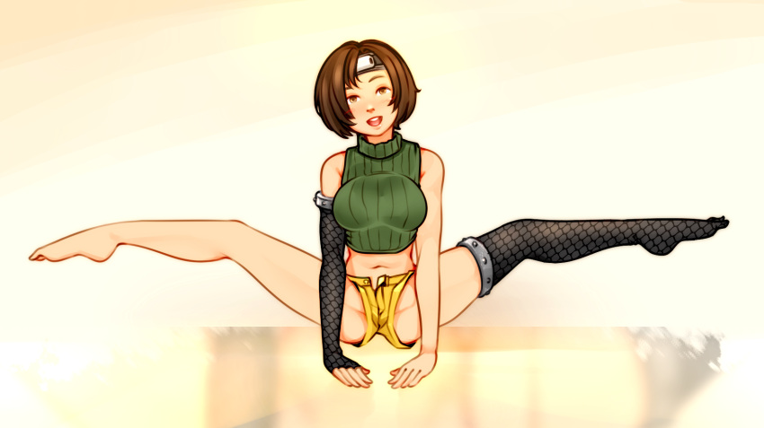 1girl, arm_support, black_hair, brown_eyes, elbow_gloves, final_fantasy, final_fantasy_vii, fingerless_gloves, fishnet_gloves, fishnet_legwear, fishnets, forehead_protector, gloves, headband, highres, idle_antics, navel, open_fly, open_mouth, short_hair, short_shorts, shorts, single_glove, single_thighhigh, sleeveless, sleeveless_turtleneck, solo, split, spread_legs, stomach, thigh-highs, turtleneck, yuffie_kisaragi