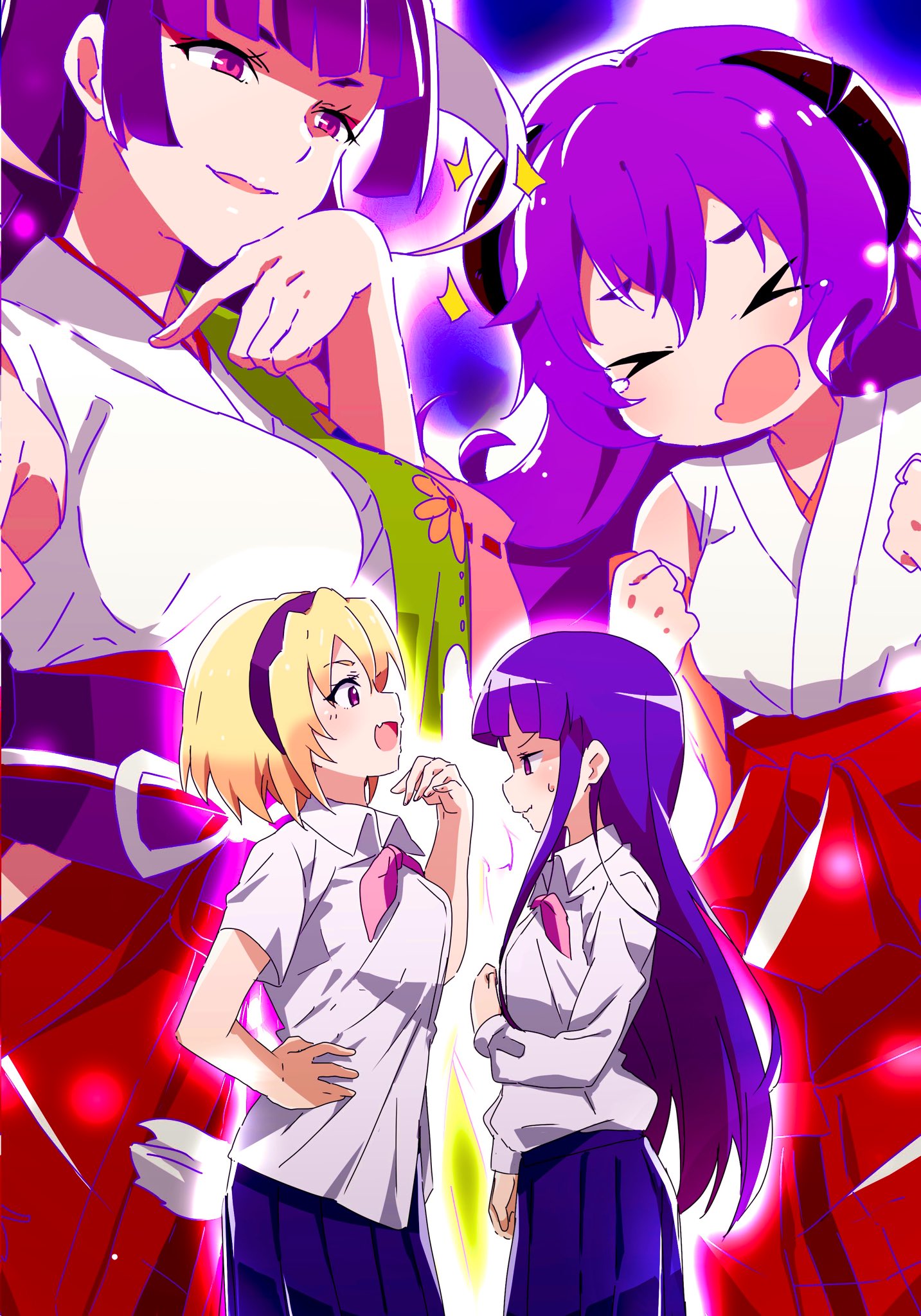 4girls, blonde_hair, collared_shirt, detached_sleeves, eeves, featherine_augustus_aurora, furude_rika, hakama