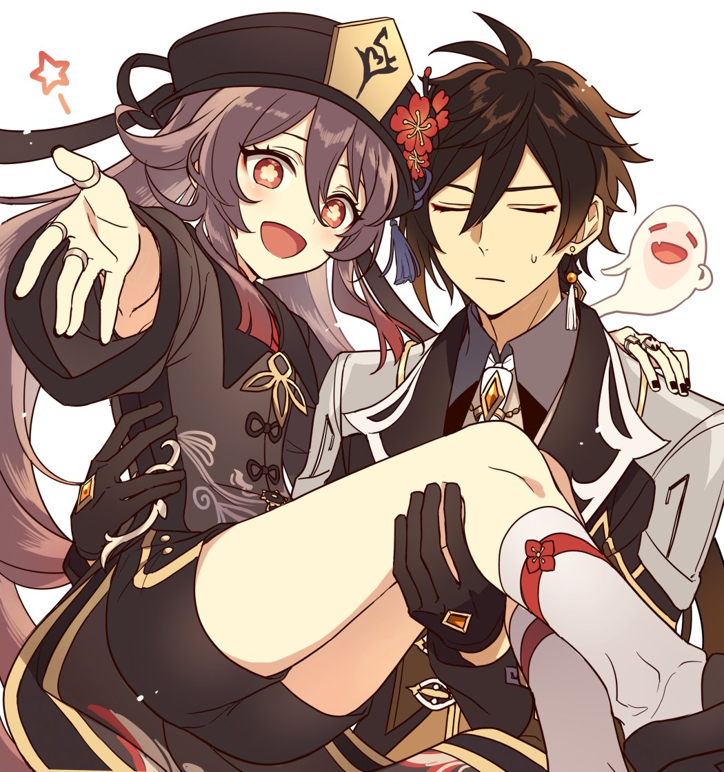 1boy, 1girl, bangs, black_gloves, black_hair, black_nails, brown_hair, carrying