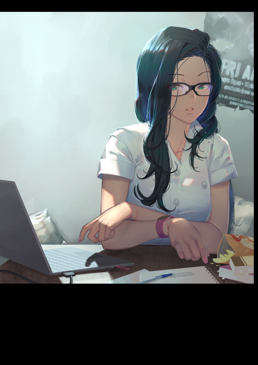 1girl, absurdres, black-framed_eyewear, black_hair, book, bracelet, breasts, chips