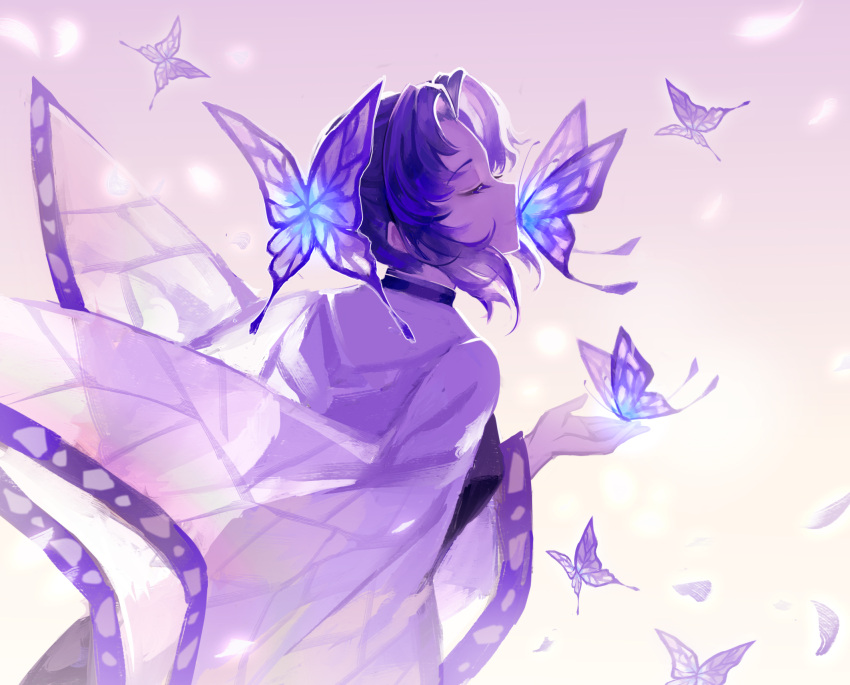 1girl, animal_print, bangs, blue_butterfly, bug, butterfly, butterfly_hair_ornament, butterfly_on_finger, butterfly_on_lips, butterfly_print, cherry_blossoms, closed_eyes, flower, from_side, hair_intakes, hair_ornament, hair_up, haori, high_collar, highres, insect, japanese_clothes, kazenemuri, kimetsu_no_yaiba, kochou_shinobu, multicolored_hair, parted_bangs, profile, purple_butterfly, purple_hair, simple_background, solo, wisteria