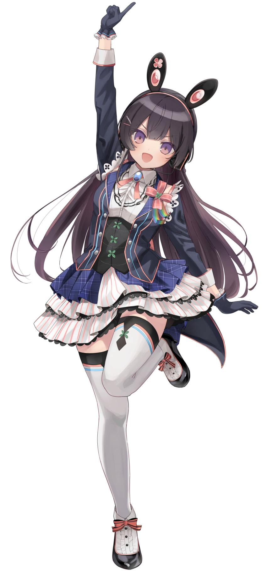 1girl, :d, absurdres, animal_ears, arm_up, bangs, black_hair, blazer
