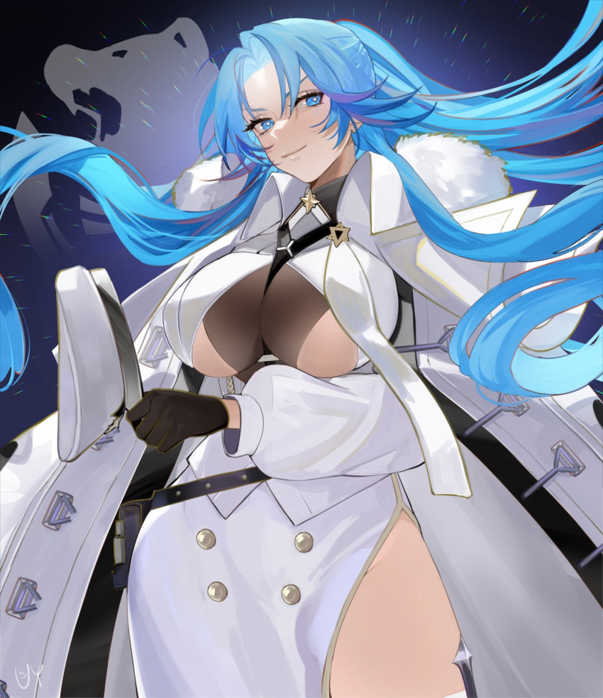 1girl, azur_lane, bangs, bear, belt, belt_pouch, between_breasts, black_gloves