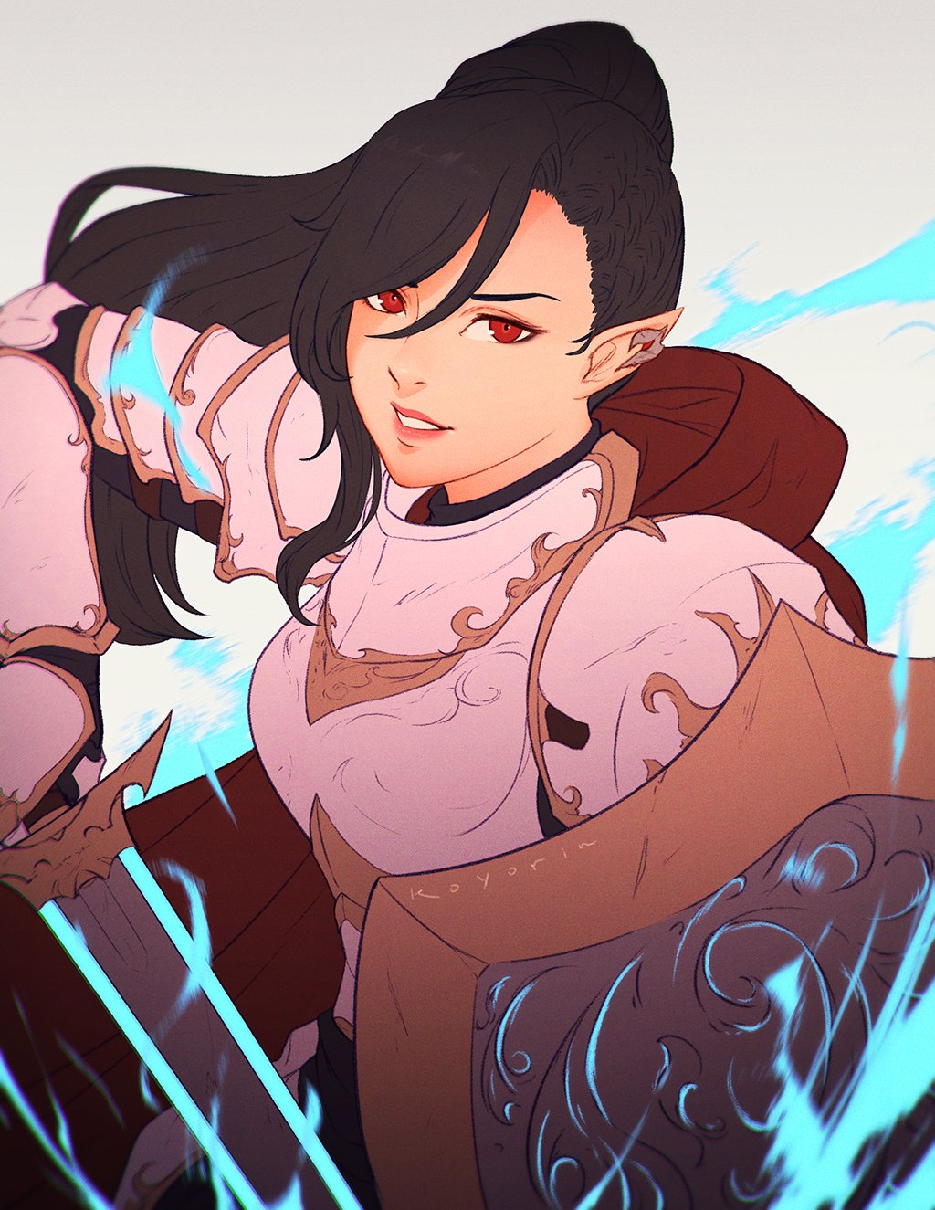 1girl, armor, black_hair, earrings, elezen, elf, final_fantasy, final_fantasy_xiv