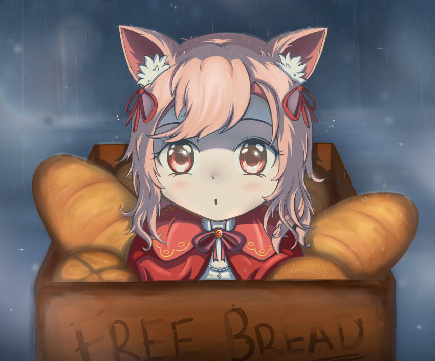 :o, animal_ear_fluff, animal_ears, baguette, bangs, blush, bow, box