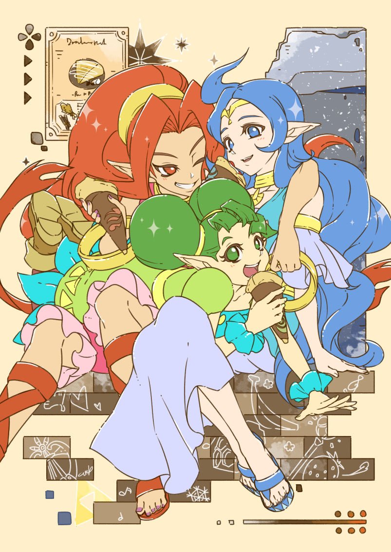 3girls, blue_dress, blue_eyes, blue_hair, crepe, din, double_bun, dress, farore, food, green_eyes, green_hair, grin, kandori_makoto, long_hair, multiple_girls, nayru, pointy_ears, ponytail, red_eyes, redhead, sandals, smile