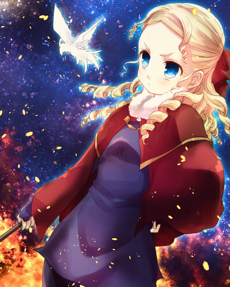 1girl, blonde_hair, blue_eyes, cape, casting_spell, cloak, curly_hair, fingerless_gloves