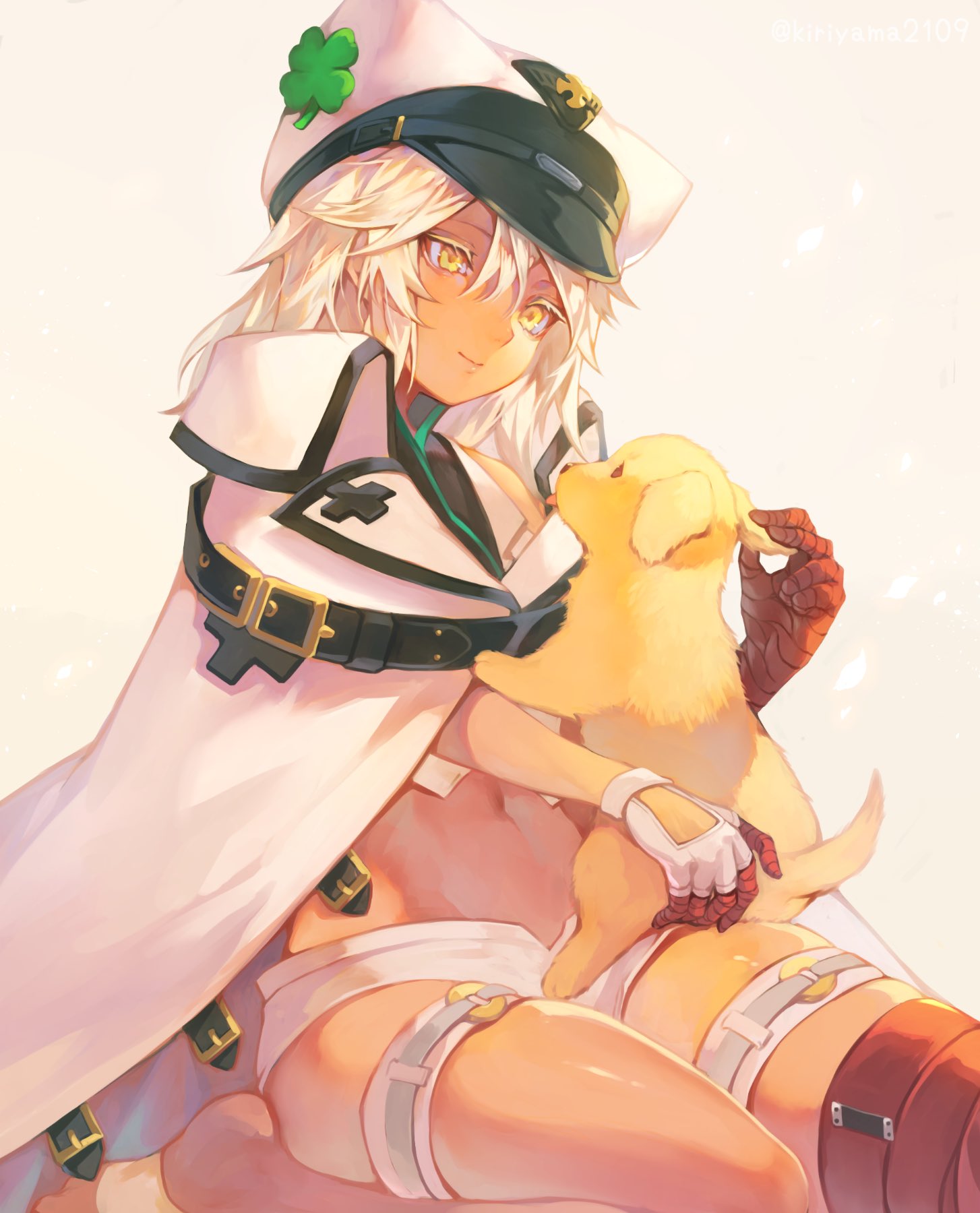 1girl, animal, bandages, belt_buckle, blonde_hair, buckle, clover, dark_skin, dark-skinned_female, dog, four-leaf_clover, gloves, guilty_gear, guilty_gear_strive, hat, highres, holding, holding_animal, holding_dog, kiriyama2109, magehound, puppy, ramlethal_valentine, thigh_strap, white_headwear