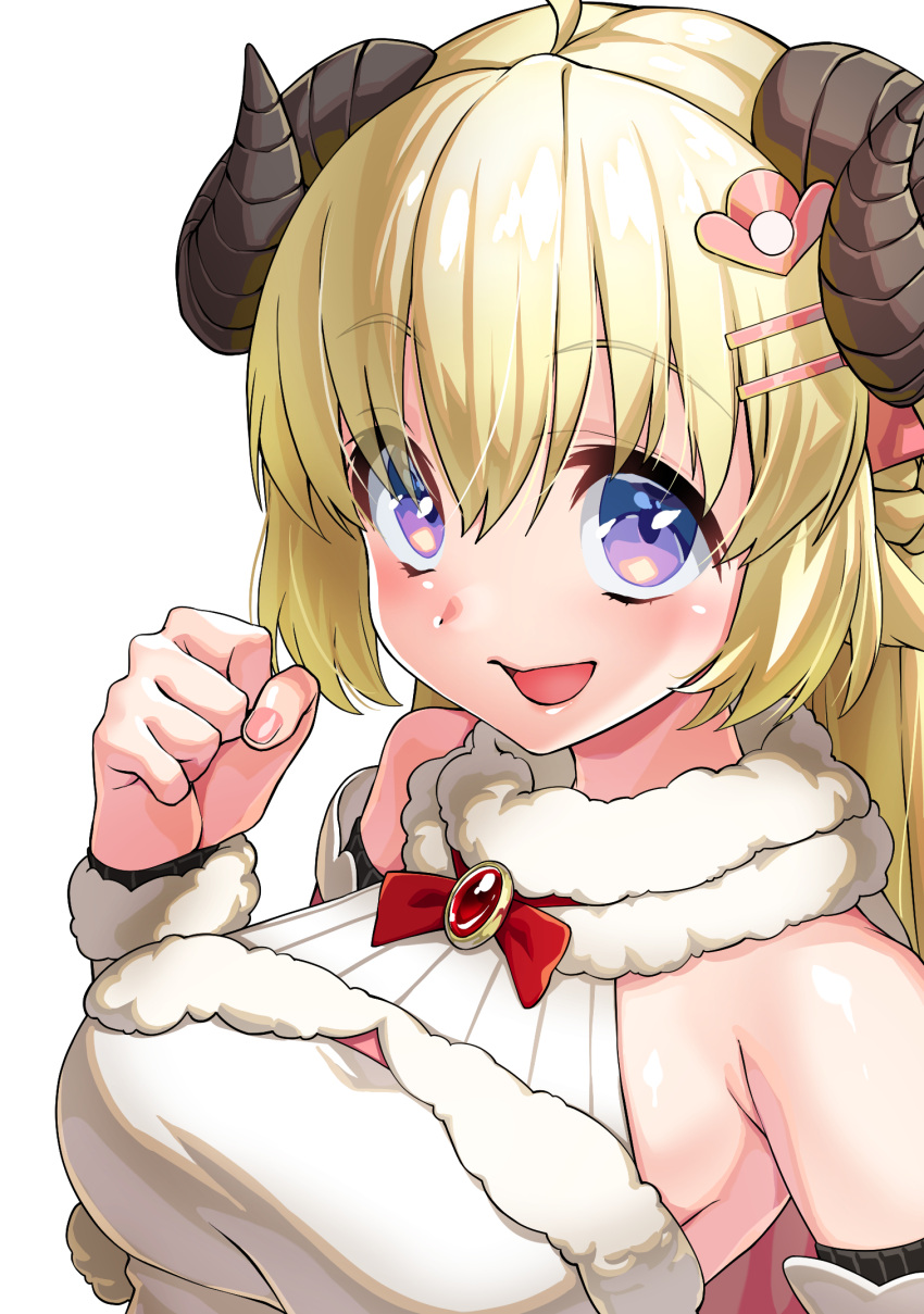 1girl, :d, ahoge, animal_ears, arm_up, bangs, bare_shoulders, blonde_hair, blue_eyes, braid, breasts, brooch, cape, clenched_hand, commentary_request, detached_sleeves, dress, eyebrows_visible_through_hair, fur-trimmed_cape, fur-trimmed_dress, fur-trimmed_sleeves, fur_trim, hair_ornament, hairclip, half_updo, highres, hololive, horns, igana_asonerikes, jewelry, large_breasts, long_hair, looking_at_viewer, open_mouth, pink_cape, sheep_ears, sheep_girl, sheep_horns, simple_background, sleeveless, sleeveless_dress, smile, solo, tsunomaki_watame, two-sided_cape, two-sided_fabric, upper_body, violet_eyes, virtual_youtuber, white_background, white_dress, white_sleeves