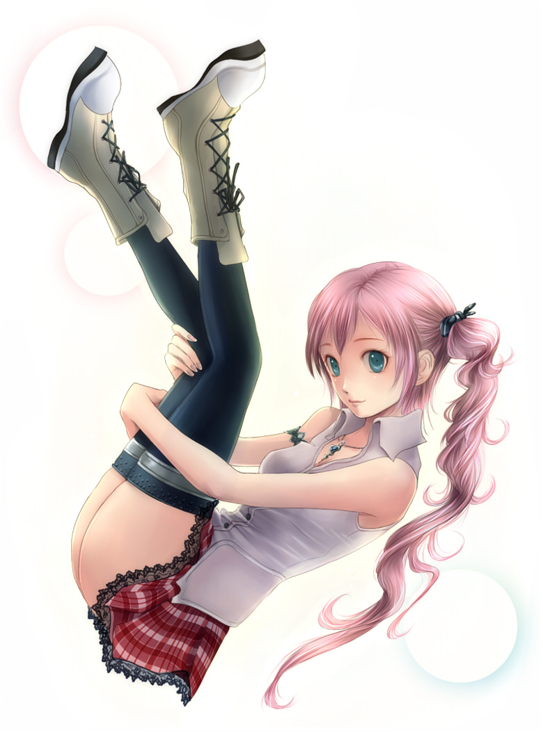 1girl, arms_around_legs, ass, bad_id, black_legwear, black_thighhighs, blue_eyes, female, final_fantasy, final_fantasy_xiii, full_body, jewelry, lace-trimmed_skirt, legs_in_air, long_hair, necklace, pink_hair, plaid, plaid_skirt, red_skirt, reina_(artist), serah_farron, side_ponytail, skirt, sleeveless, sleeveless_shirt, solo, thigh-highs, thighhighs, tied_hair