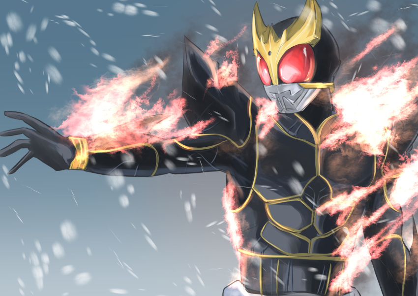 1boy, absurdres, armor, bodysuit, commentary_request, cycloneactionx, fire, helmet