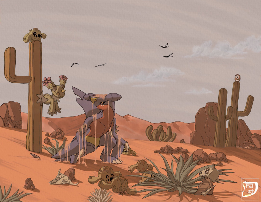 bird, black_sclera, cacnea, cactus, claws, closed_mouth, clouds, colored_sclera, commentary, cubone, day, fangs, fangs_out, francesco_di_mauro, garchomp, gen_1_pokemon, gen_3_pokemon, gen_4_pokemon, gen_5_pokemon, gen_7_pokemon, highres, kneeling, looking_back, maractus, no_humans, outdoors, plant, pokemon, pokemon_(creature), rock, rowlet, sand, skull, sky, spikes, standing, watermark, yellow_eyes