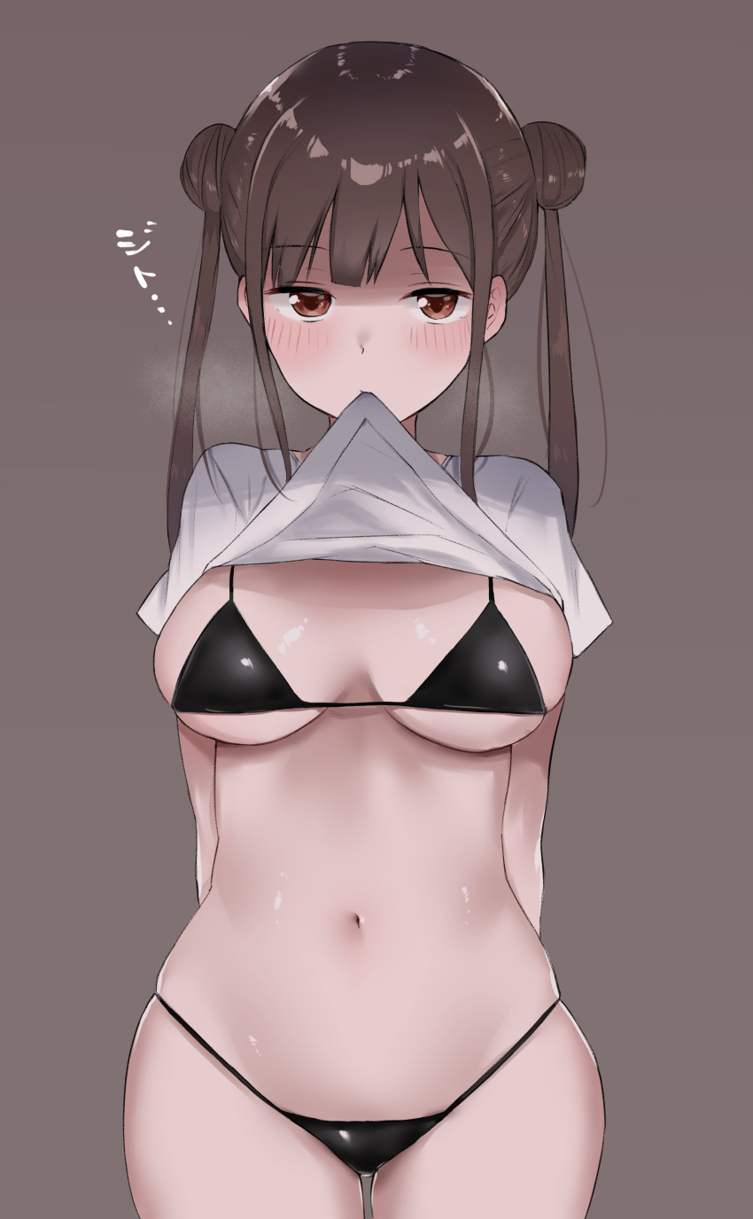 1girl, absurdres, bikini, black_bikini, blush, brown_eyes, brown_hair, cowboy_shot