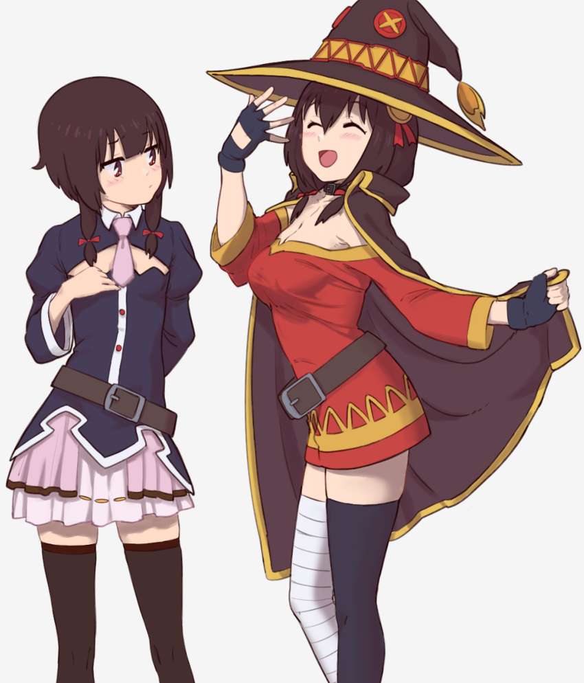 2girls, :d, :t, adjusting_clothes, annoyed, asymmetrical_legwear, bandaged_leg, bandages