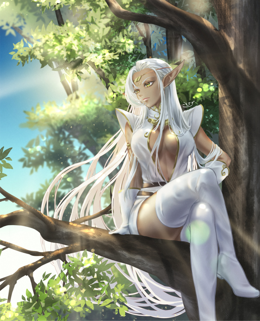 1girl, absurdres, boots, breasts, center_opening, circlet, closed_mouth, crossed_legs