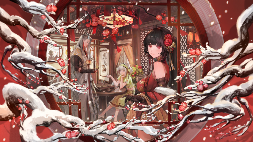 2boys, 2girls, animal_ears, bandaid, bandaid_on_nose, bare_shoulders, black_gloves, black_hair