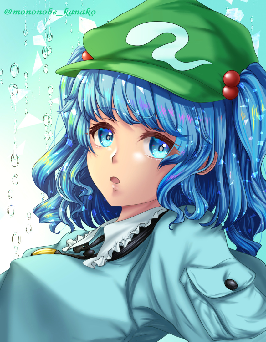 1girl, :o, aqua_shirt, artist_name, bangs, blue_eyes, blue_hair, breasts
