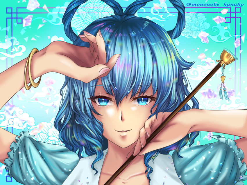 1girl, aqua_dress, artist_name, bangle, bangs, blue_eyes, blue_hair, bracelet