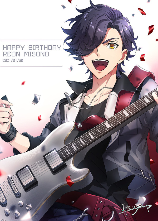 1boy, :d, argonavis_from_bang_dream!, bang_dream!, birthday, black_hair, character_name, confetti
