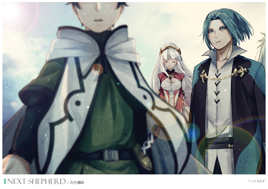 1girl, 2boys, bangs, blue_eyes, blue_hair, blunt_bangs, blurry, blurry_foreground