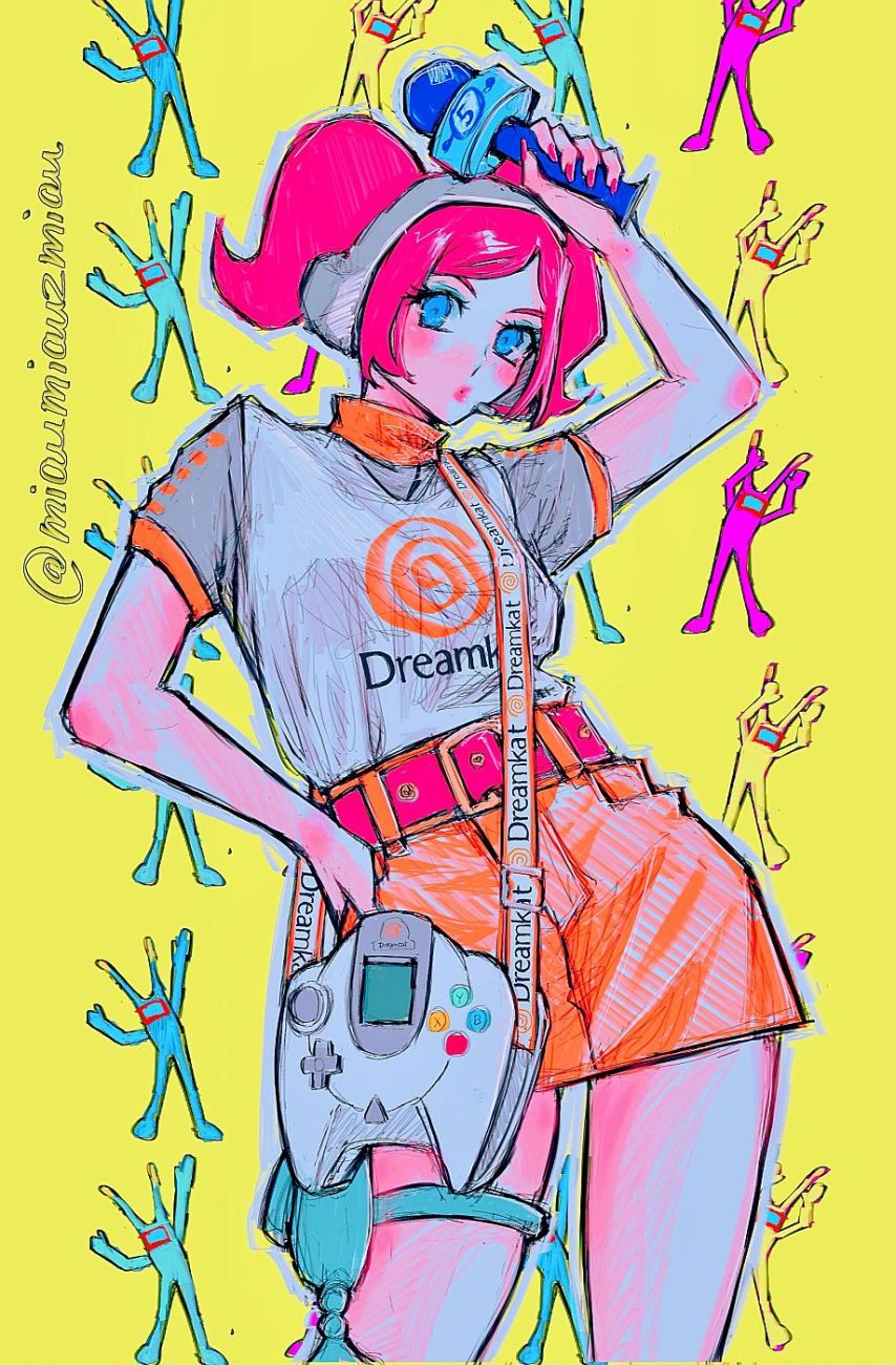 1girl, arm_up, belt, blue_eyes, blue_eyeshadow, blush, brand_name_imitation, controller, cowboy_shot, eyebrows_behind_hair, eyelashes, eyeshadow, fingernails, game_console, game_controller, hand_on_hip, headphones, highres, holding, holding_microphone, legs_apart, looking_at_viewer, makeup, microphone, miniskirt, morolian, nail_polish, orange_skirt, outline, pink_belt, pink_hair, pink_lips, pink_nails, poririna, sega_dreamcast, shirt, short_hair, short_sleeves, skirt, space_channel_5, turtleneck, twintails, twitter_username, ulala, white_shirt, yellow_background