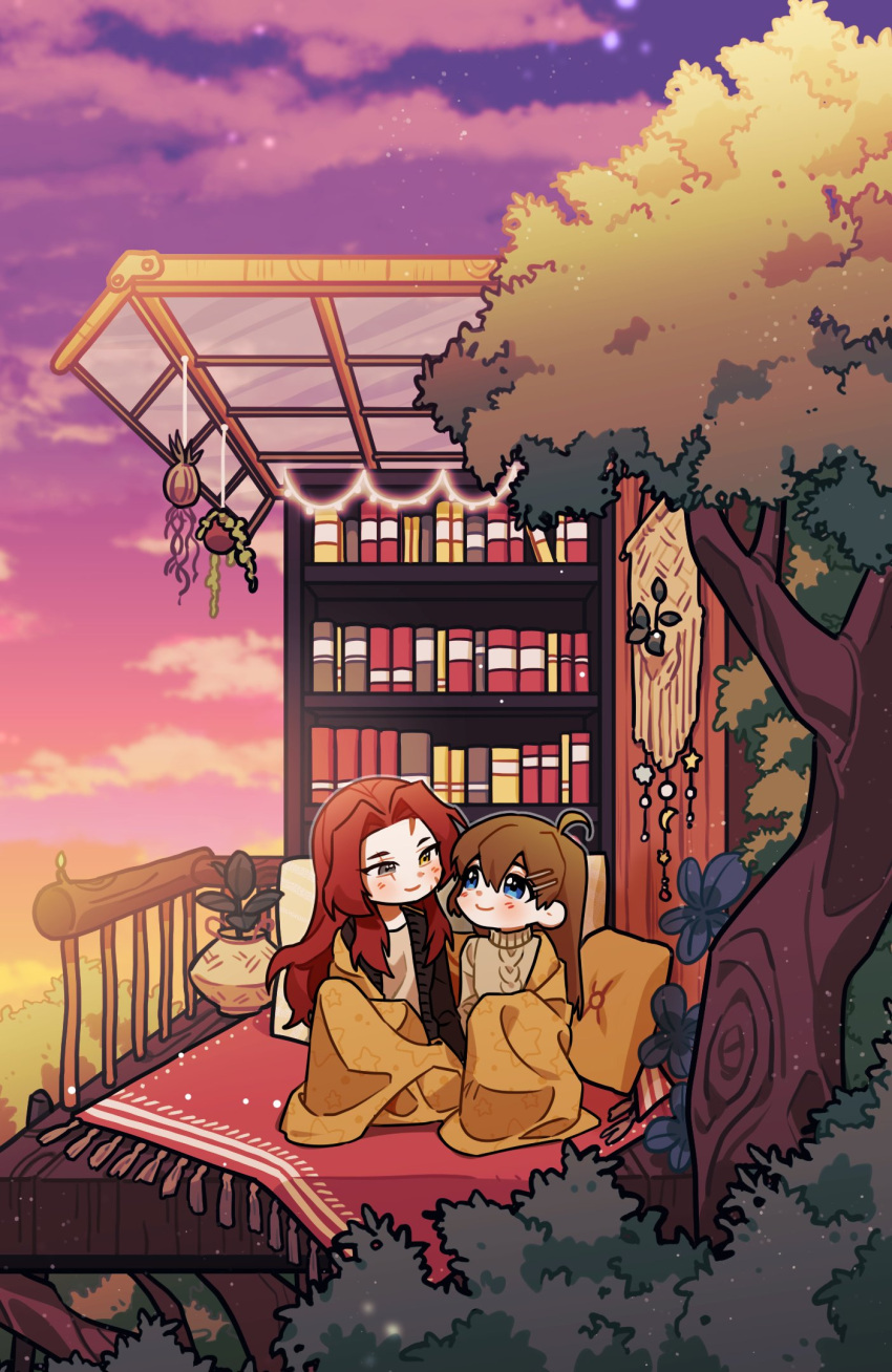 2girls, ahoge, blanket, blue_eyes, book, bookshelf, brown_hair, closed_mouth