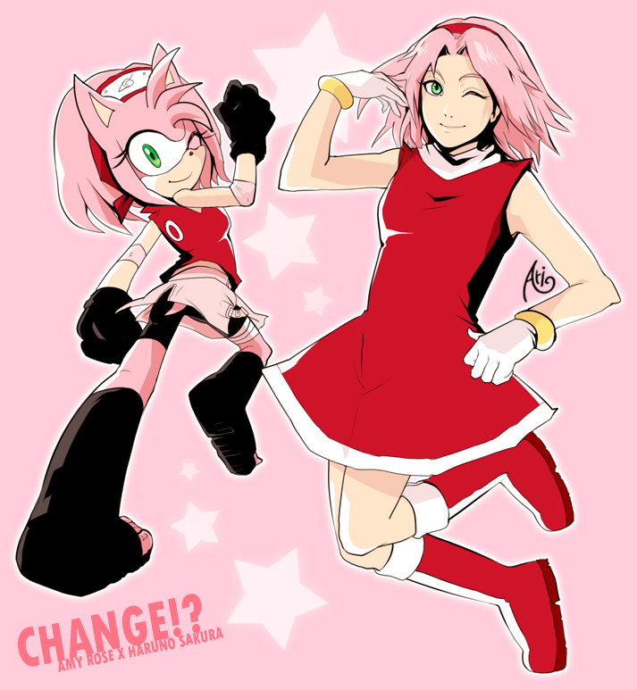 amy_rose, amy_rose_(cosplay), boots, character_name, cosplay, costume_switch, crossover, green_eyes, haruno_sakura, haruno_sakura_(cosplay), knee_boots, look-alike, multiple_girls, naruto, pink, pink_background, pink_hair, sonic_(series), wink