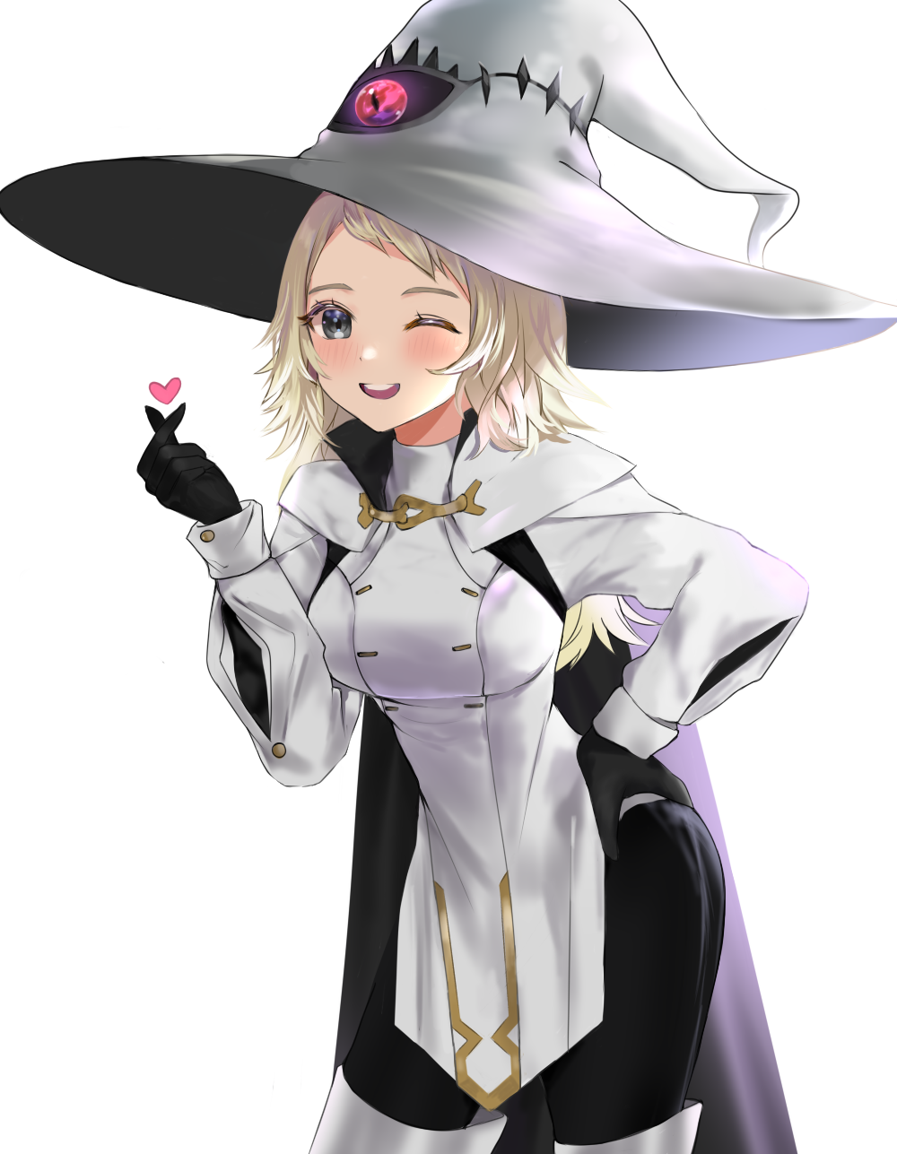 1girl, bangs, blonde_hair, commission, commissioner_upload, cosplay, eitri_(fire_emblem), eitri_(fire_emblem)_(cosplay), fire_emblem, fire_emblem_fates, fire_emblem_heroes, gloves, grey_eyes, hand_on_hip, hat, heart, highres, long_hair, looking_at_viewer, nolepsantuy, one_eye_closed, ophelia_(fire_emblem), solo, upper_body, white_background, witch_hat