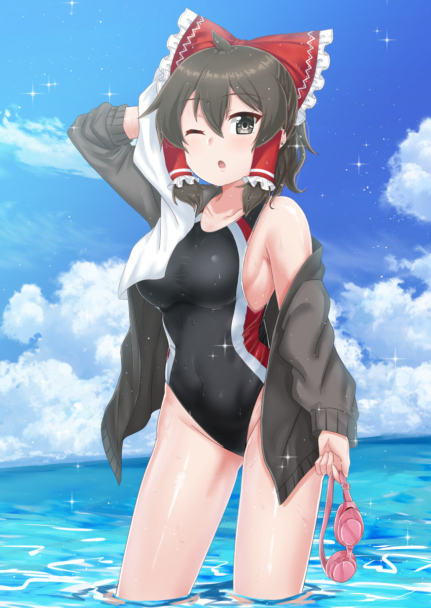 1girl, :o, absurdres, alternate_costume, bangs, black_eyes, black_hoodie, black_swimsuit
