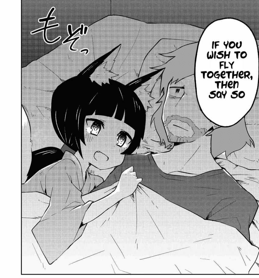 1boy, 1girl, ace_combat, ace_combat_7, arifnur01, bangs, blunt_bangs, count_(ace_combat_7), english_text, facial_hair, fang, fox_eyes, fox_girl, goatee, heart, heart-shaped_pupils, highres, huxian, looking_at_another, low_ponytail, monochrome, open_mouth, parody, pun, sewayaki_kitsune_no_senko-san, symbol-shaped_pupils