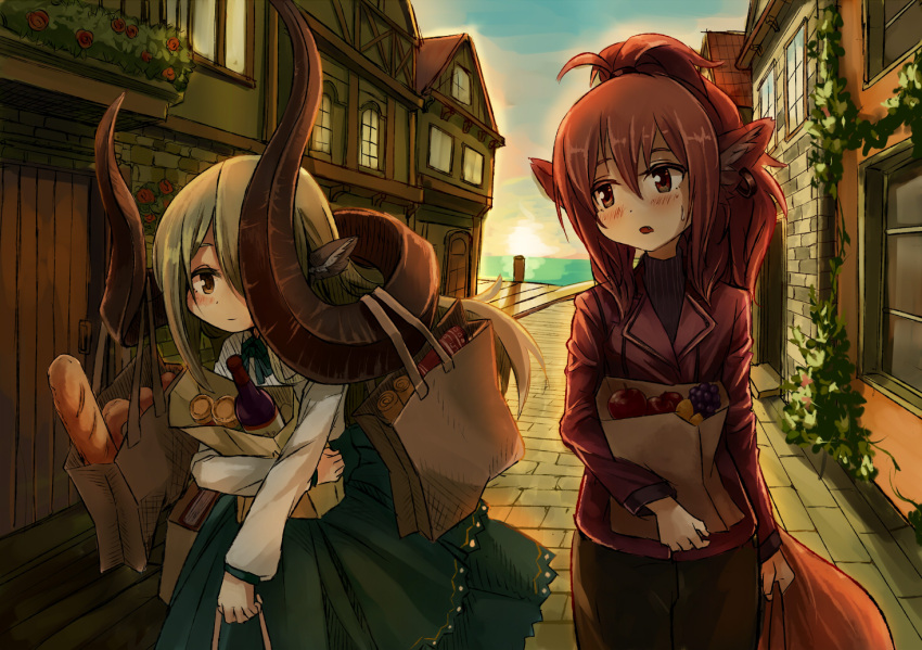159cm, 2girls, animal_ears, apple, bag, baguette, black_pants, blonde_hair