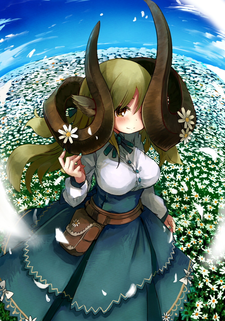 159cm, 1girl, animal_ears, belt, belt_pouch, blue_nails, blue_neckwear, blue_ribbon, blue_skirt, blue_sky, blush, brown_belt, brown_eyes, closed_mouth, curled_up, day, field, fingernails, fisheye, flower, flower_field, gran-chan_(159cm), green_hair, hand_up, high-waist_skirt, horn_flower, horns, huge_horns, long_hair, long_sleeves, looking_at_viewer, nail_polish, neck_ribbon, one_eye_covered, original, outdoors, pouch, ribbon, shirt, skirt, sky, smile, solo, standing, white_flower, white_shirt