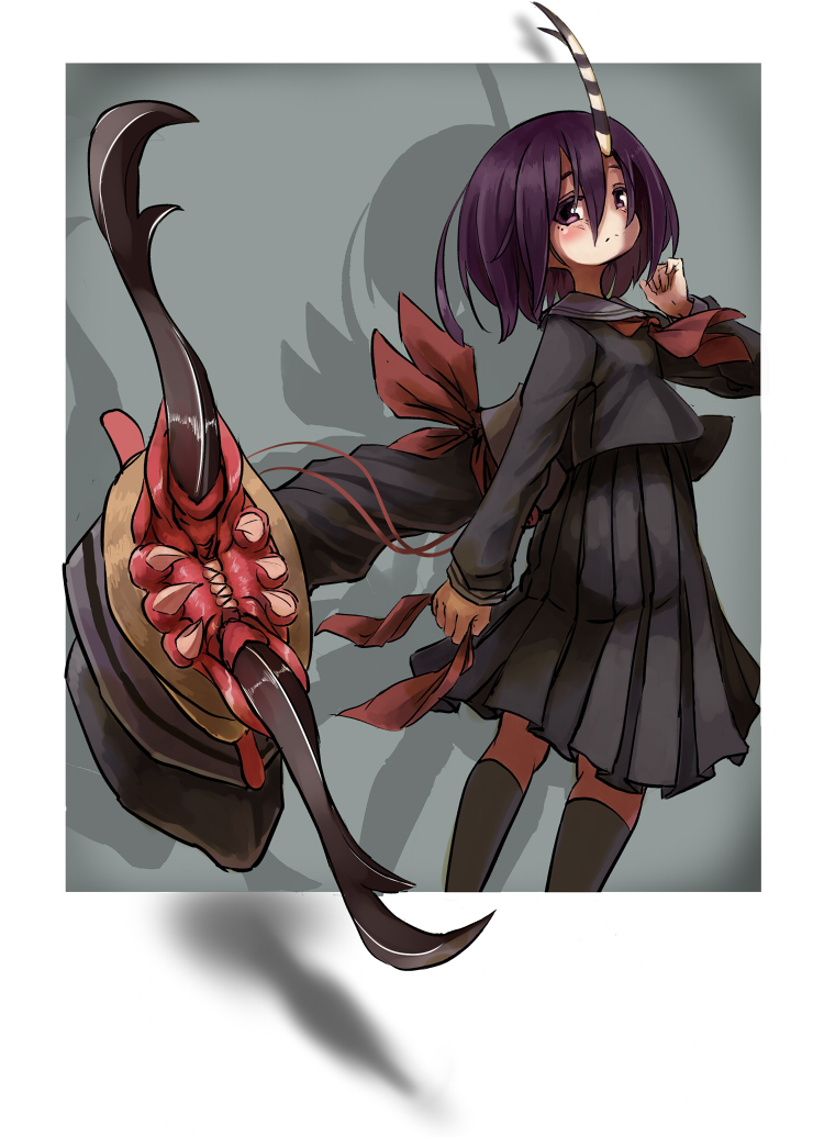 159cm, 1girl, black_legwear, black_sailor_collar, black_shirt, black_skirt, bobbit_worm, border, closed_mouth, drop_shadow, feet_out_of_frame, hand_up, horns, isome_meme_(159cm), long_sleeves, looking_at_viewer, medium_hair, original, pleated_skirt, purple_hair, sailor_collar, school_uniform, serafuku, shirt, single_horn, skirt, socks, solo, standing, striped_horns, tail, tail_mouth, violet_eyes, white_border