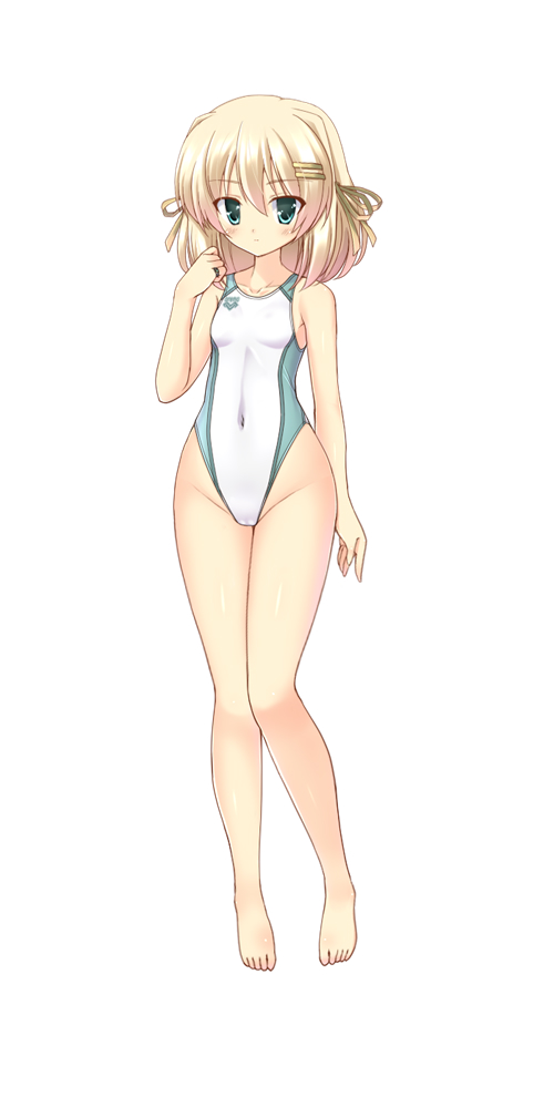 1girl, barefoot, blonde_hair, breasts, collarbone, commentary_request, competition_swimsuit, covered_navel