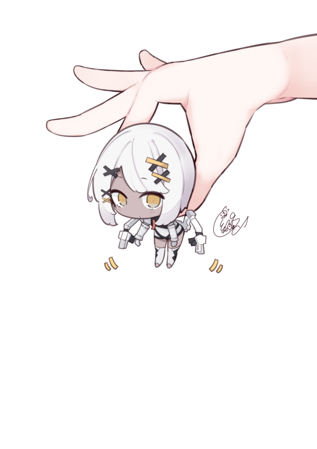 1girl, bangs, beni_shake, brown_eyes, chibi, closed_mouth, commentary_request, dark_skin