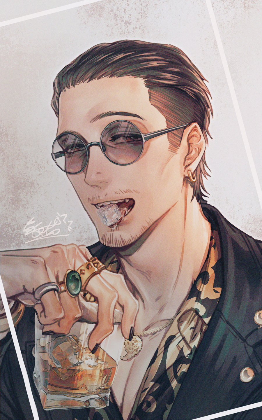 1boy, black_hair, black_jacket, black_nails, brown_eyes, earrings, facial_hair, fangs