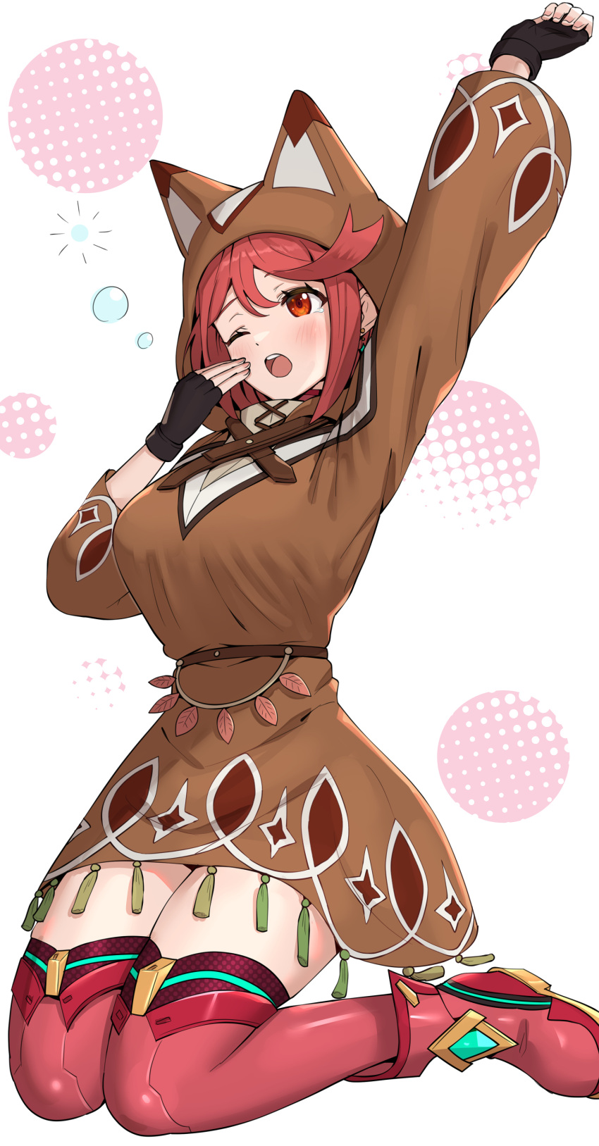 1girl, absurdres, bangs, black_gloves, breasts, disguised_pyra_(xenoblade), earrings, fingerless_gloves, gloves, gonzarez, highres, hood, hoodie, jewelry, large_breasts, pyra_(xenoblade), red_eyes, red_shorts, redhead, short_hair, short_shorts, shorts, swept_bangs, thigh-highs, xenoblade_chronicles_(series), xenoblade_chronicles_2