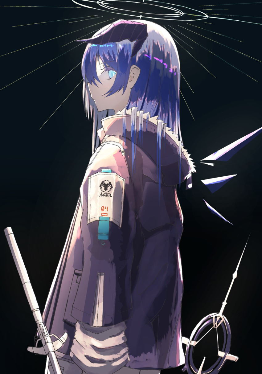1girl, arknights, bangs, black_background, black_jacket, blue_eyes, butasanp, closed_mouth