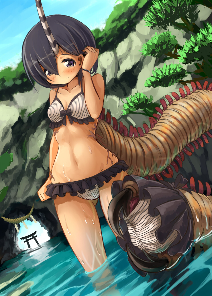 159cm, 1girl, arch, ass_visible_through_thighs, bead_bracelet, beads, bikini, black_hair