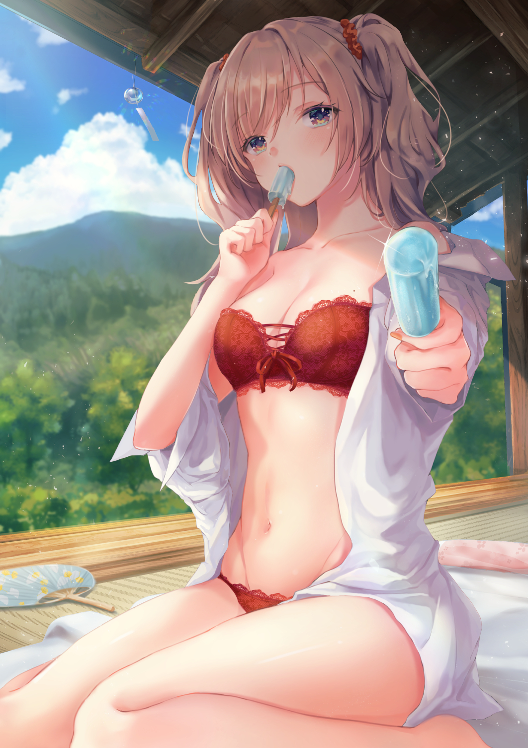 1girl, bangs, blush, bra, breasts, brown_hair, collarbone, cross-laced_clothes, cross-laced_top, day, dress_shirt, eating, eyebrows_visible_through_hair, fan, food, food_in_mouth, giving, hair_ornament, hair_scrunchie, hands_up, highres, holding, incoming_food, lace-trimmed_bra, lace-trimmed_panties, lace_trim, looking_at_viewer, moe2021, mole, mole_on_breast, mountainous_horizon, navel, no_pants, off_shoulder, open_clothes, open_shirt, original, outdoors, panties, paper_fan, popsicle, red_bra, red_panties, scrunchie, shade, shirt, sitting, solo, strapless, strapless_bra, sunlight, tatami, tokimaru, twintails, uchiwa, underwear, veranda, wariza, white_shirt, wind_chime