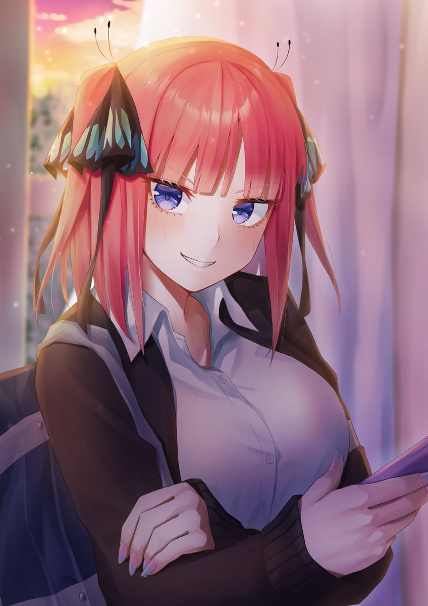 1girl, abo_leen, bag, bangs, black_cardigan, black_ribbon, blue_eyes, blunt_bangs, blush, breasts, butterfly_hair_ornament, cardigan, cellphone, collared_shirt, commentary, curtains, eyebrows_visible_through_hair, go-toubun_no_hanayome, grin, hair_ornament, hair_ribbon, holding, holding_phone, indoors, large_breasts, long_sleeves, looking_at_viewer, multicolored, multicolored_nails, nakano_nino, open_cardigan, open_clothes, phone, pink_hair, ribbon, school_bag, shirt, short_hair, sidelocks, smartphone, smile, solo, standing, teeth, twilight, two_side_up, upper_body, white_shirt, window