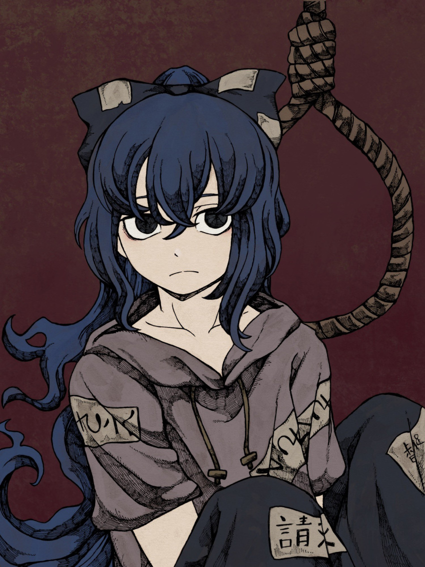 1girl, awk_chan, bangs, blue_bow, blue_eyes, blue_hair, blue_pants, bow