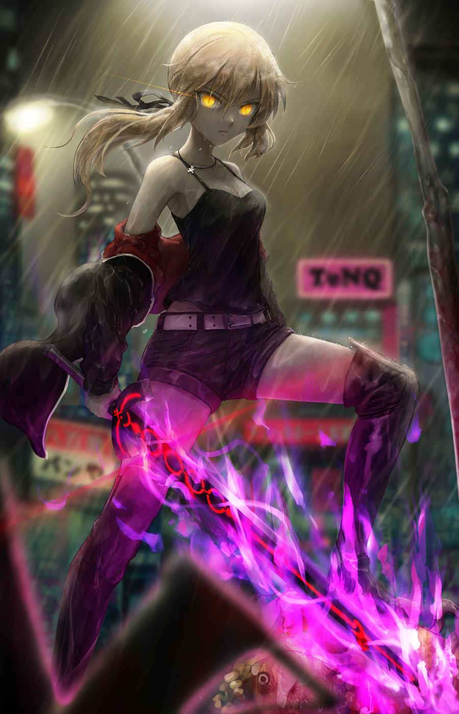 artoria_pendragon_(all), black_shirt, black_shorts, blonde_hair, boots, excalibur_morgan_(fate), fate/grand_order, fate_(series)