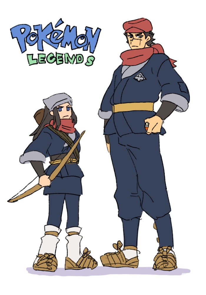 1boy, 1girl, asirpa, black_hair, bow_(weapon), copyright_name, cosplay, female_protagonist_(pokemon_legends:_arceus)