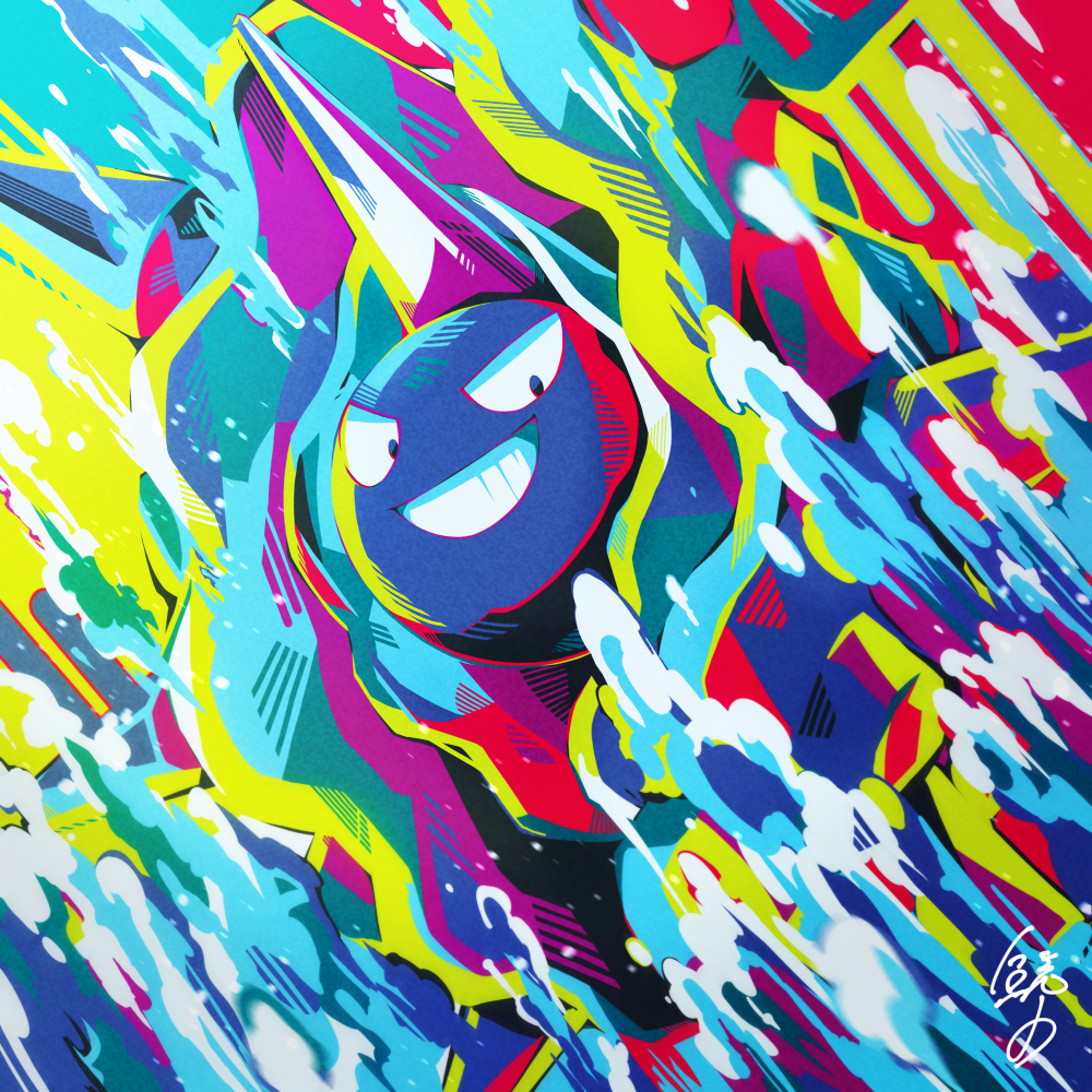 black_eyes, cloyster, commentary_request, foam, gen_1_pokemon, grin, looking_down, no_humans